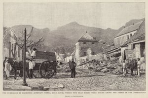 1892 年毛里求斯气旋（石刻）对路易港 Rempart 街造成的破坏 作者 英语学校