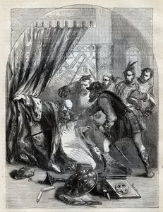 Beaton红衣主教之死，1546年5月29日--David Beaton红衣主教（约1494-1546），圣安德鲁斯大主教，在苏格兰宗教改革期间被谋杀--雕刻自伦敦Cassell Petter & Galpin的《英格兰历史》（1890年）。 作者 英语学校