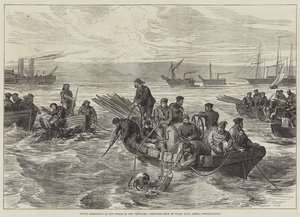 先锋号残骸的潜水行动，从船上绘制的 HMS Amelia Despatch-Boat（雕刻） 作者 英语学校