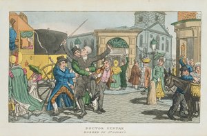 Syntax博士在圣吉尔斯（St. Giless）抢劫，从伦敦医生语法之旅，或大都会的乐趣和苦难。诗歌，1820年出版（aquatint） 作者 英语学校