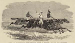 唐卡斯特赛马场，在 "Voltigeur "和 "Russborough "之间进行的圣莱格赛的死战，"Bolingbroke "第三（雕刻）。 作者 英语学校
