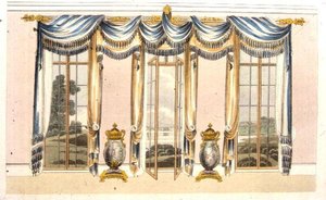 画室的窗帘，板块109来自阿克曼的《艺术汇编》，1820年出版（彩色平印）。 作者 英语学校