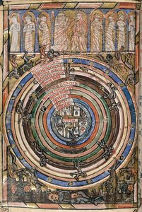 Egerton 2781，f.1v 天堂与地狱之间的球体表，插图来自《Neville of Hornby Hours》，约 1340-50 年（牛皮纸） 作者 英语学校