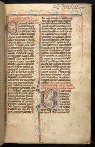 埃杰顿 3142，f.1r，选自《不列颠帝国史》（Historia Regum Britanniae）的带照明首字母 "B "的文本，作者杰弗里-蒙茅斯，约 1294 年（牛皮纸 作者 英语学校