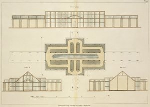 玻璃温室的立面和平面图，来自John Claudius Loudon（1783-1843）花园和游乐场的形成提示1812年出版 作者 英语学校