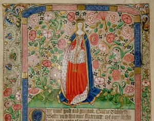 伊丽莎白-伍德维尔（约1437-92）英格兰国王爱德华四世的王妃（1442-83）（牛皮纸）（70062的细节）。 作者 英语学校