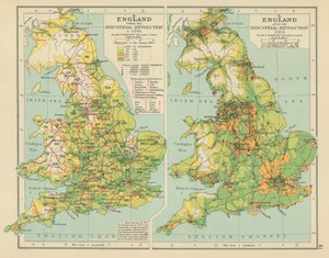 工业革命前的英国，1701 年。1911 年工业革命后的英格兰（彩色石版印刷） 作者 英语学校