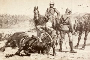 19 世纪 80 年代苏丹马赫迪战争期间英国骑兵在给马匹喂水（石版画） 作者 英语学校