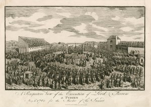 1760 年 5 月 5 日，费勒斯勋爵因谋杀管家而在泰伯恩被处决（雕刻） 作者 英语学校