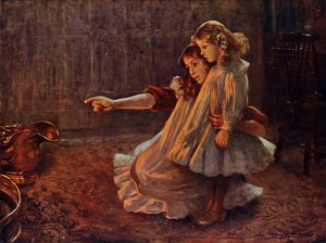 火焰中的面孔：女人和孩子望着火光（彩色石版印刷） 作者 英语学校