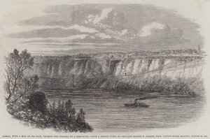 Farina 背着一个男人，用钢丝穿过尼亚加拉河，来自克利夫顿住宅的阳台，1860 年 8 月 29 日（版画） 作者 英语学校