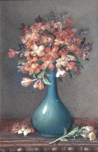 蓝色花瓶中的花朵，约1870年（纸上水彩）。 作者 英语学校