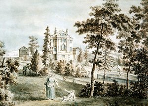 公园里的花园亭子，约1725年（纸上水彩）。 作者 英语学校