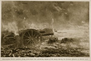 1918年3月1918年德国进攻期间，气体蒙面的英国枪手向前进的敌人开火 作者 英语学校
