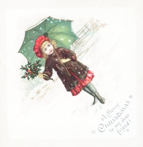 拿着伞和霍莉在雪，圣诞卡的女孩 作者 英语学校