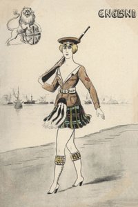 穿着苏格兰制服的女孩（彩色平版印刷）。 作者 英语学校