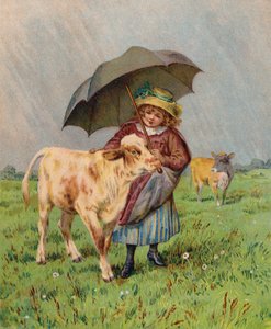 为小牛遮雨的女孩（彩色石版画） 作者 英语学校