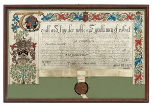 向查尔斯·休伊特授予武器，1597年 作者 英语学校