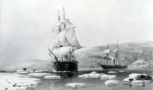 1854年，援助号和先锋号冲出冬季宿舍（石版画）。 作者 英语学校