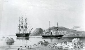 1853年，HMS援助号拖着先锋号经过北威灵顿海峡的约翰-哈罗山（石版画）。 作者 英语学校