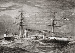 英国皇家海军的HMS Inflexible，Invincible Class Battlecruiser，1885年儿童特别服务团出版的“我们自己的杂志”插图 作者 英语学校