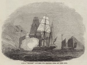 英国皇家海军 "雷纳德 "号在香港附近捕获两艘海盗船（雕版画）。 作者 英语学校
