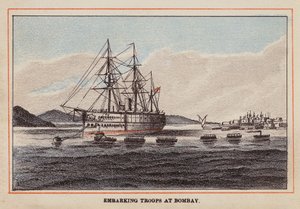 HM 印度兵舰：在孟买登船的部队（彩色雕刻） 作者 英语学校