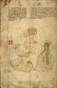 哈雷 318，f.8v 英国国王亨利六世和他的妻子安茹的玛格丽特，插图来自“英格兰国王的历史和家谱”（牛皮纸） 作者 英语学校
