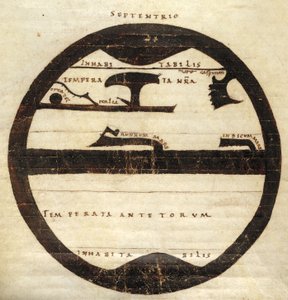 哈雷 MS 2772 f. 70v，示意性分区世界地图，约 1050 年（羊皮纸上的墨水和蛋彩画） 作者 英语学校