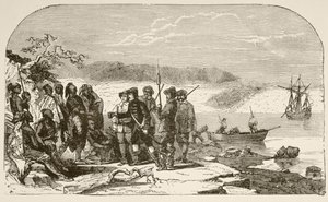 1609 年，亨利-哈德逊向印第安人敬酒（石版画） 作者 英语学校