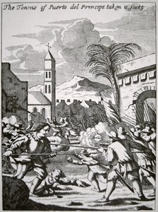 亨利-摩根在1668年捕获并洗劫了古巴的普林西比港，这幅插图来自约翰-埃斯奎梅林的《美洲海盗》，1699年出版（雕刻版）。 作者 英语学校