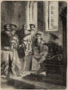 亨利八世和他的议会批准将《圣经》翻译成英文--1538年--雕刻自卡塞尔-佩特和加尔平的《英格兰历史》。 作者 英语学校