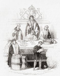 1497 年亨利七世在财政部对度量衡的审判，选自《古老的英格兰》：图片博物馆》，1847 年出版。1847 作者 英语学校