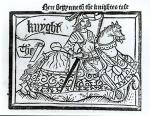 这里是Begynneth the Knightes Tale，插图来自The Geterrey Chaucer的坎特伯雷故事集（c.1345-1400），由William Caxton打印（c.1422-91）1434 作者 英语学校