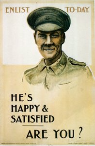 Hes Happy＆Satisfied  -  Are You？，英国WWI招聘海报，1914-18