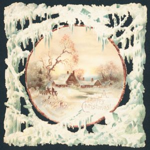 冰柱围拢的雪场面的议院，圣诞卡 作者 英语学校