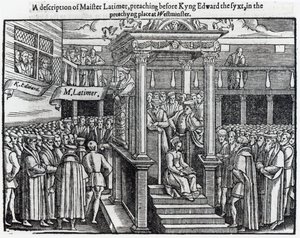 Hugh Latimer（c.1485-1555）1547年在爱德华六世（1537-53）在威斯敏斯特前演讲，来自约翰福克斯的“使徒行传和纪念碑”（1516-87）1563 作者 英语学校