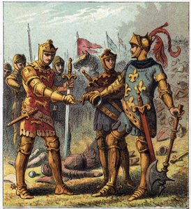 百年战争：普瓦提埃之战（1356年）。法国国王约翰二世（John II the Good，1319-1364）承认他的失败，并去找英格兰的爱德华-普兰塔戈内特（Edward of Woodstock Brackembury 作者 英语学校