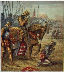 百年战争："1415年10月25日的阿津库尔战役"。国王亨利五世（1387-1422）在与法军对峙前进行祈祷。阿金库尔之战。国王亨利五世在战前为胜利祈祷。 作者 英语学校