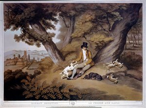 英国的兔子狩猎。19 世纪版画。吉恩，狩猎博物馆 作者 英语学校