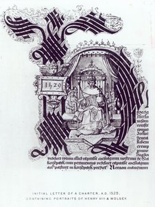 宪章的首字母包含亨利八世和沃尔西的肖像，1529年 作者 英语学校