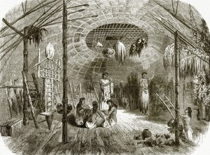 一个小屋的内部在Kar-Nikobar海岛 作者 英语学校