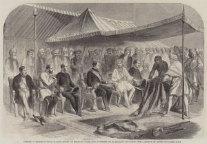 3 月 9 日，Cashmere 的 Maharajah Rumbeer Singh 与坎宁勋爵阁下在 Sealkote 进行的采访（版画） 作者 英语学校