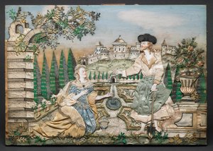耶稣向抹大拉的马利亚显现（木板上的丝绸、纸张、纱线、亮片、金属饰边、墨水和水彩） 作者 英语学校