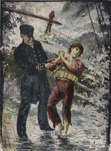 约翰·亚历山大·斯特拉坎 (John Alexander Strachan)，西普里安号轮船船长，在 1881 年威尔士海岸的大风中船只失事前将救生衣交给一名年轻的偷渡者（彩色平版印刷） 作者 英语学校