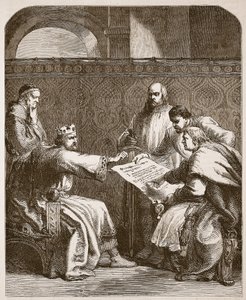 约翰拒绝签署男爵的文章，插图来自Cassells Illustrated History of England（sepia photo） 作者 英语学校
