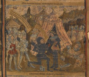 1460 年北安普顿战役后，约克的爱德华（后来的国王爱德华四世）以及沃里克伯爵和索尔兹伯里伯爵俘虏了国王亨利六世，插图选自《爱德华四世的典型生平和家谱》，约 1460-70 年（牛皮纸）。 作者 英语学校