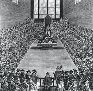 国王詹姆斯一世（1566-1625）在议会大厦，1624年 作者 英语学校