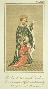 国王理查德二世（1367-1400）与他的父亲爱德华（1330-76）黑王子，插图来自英国人民服饰和习惯的完整视图第二卷，出版于1799年（彩色 作者 英语学校
