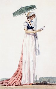 女士优雅夏季连衣裙，遮阳伞，Delacourt，1770年（彩色雕刻） 作者 英语学校